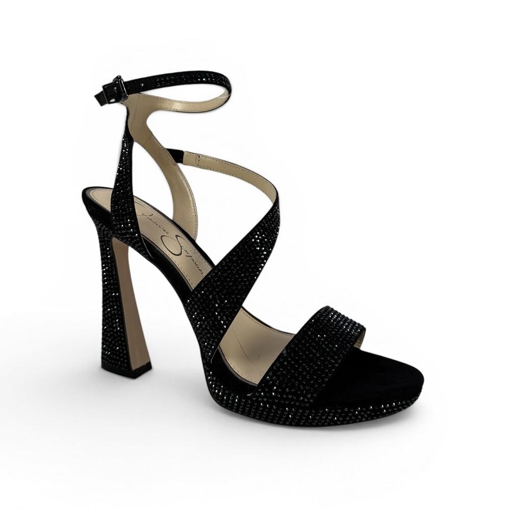 Jessica Simpson Friso Heels Womens 8 Black Rhinestone Strappy Sandals
